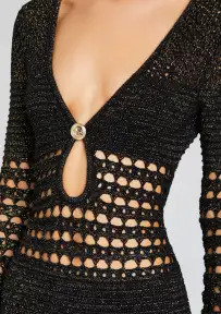 Elvana Knit Crochet Dress(Black/Gold,XXS)