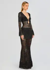 Elvana Knit Crochet Dress(Black/Gold,XXS)