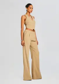 Pin Tuck Palazzo Pants(Camel,XS)