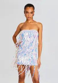 Shira Sequin Fringe Crochet Dress(Optic White,XS/S)