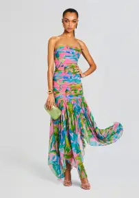 Teryn Silk Chiffon Dress(Jade Tropical Leaf,XXS)