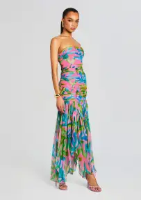 Teryn Silk Chiffon Dress(Jade Tropical Leaf,XXS)