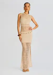 Kylan Knit Crochet Dress(MetallicIvoryBronze,XXS)