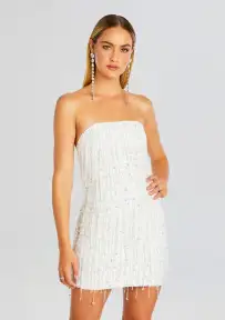 Heather Sequin Star Fringe Dress(White W/ Stars,XXS)