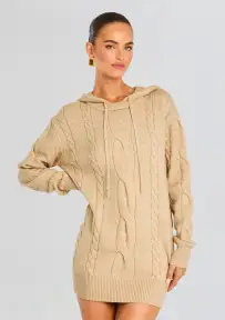 Cab Cable Knit Hoodie Dress(Tan,XXS)