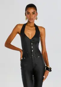 Cynthia Coated Denim Jumpsuit(Coated Black,XXS)