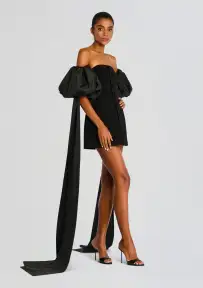 Laurent Mini Button Dress with Black Plumes(Black,XS)