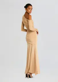 Persephone Ruched Maxi Dress(Tan,XXS)