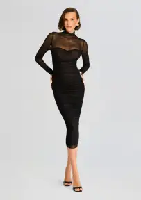 Trina Mesh Ruched Midi Dress(Black,XXS)
