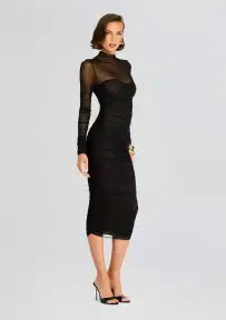 Trina Mesh Ruched Midi Dress(Black,XXS)
