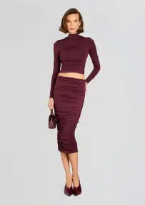 Darcy Mid Rise Ruched Midi Skirt(Merlot,XXS)