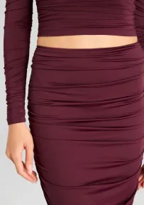 Darcy Mid Rise Ruched Midi Skirt(Merlot,XXS)