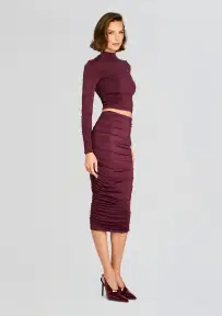 Darcy Mid Rise Ruched Midi Skirt(Merlot,XXS)