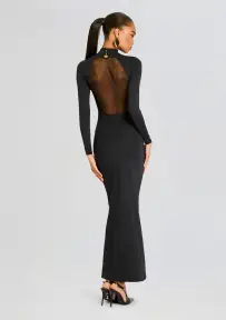 Krystal Maxi Dress with Mesh Paneling(Black,XXS)