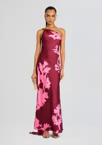 Tehr One Shoulder Long Dress(Black Magenta,XXS)
