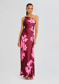 Tehr One Shoulder Long Dress(Black Magenta,XXS)