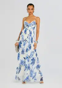 Gabi Pleated Maxi Dress(White Blue,XXS)