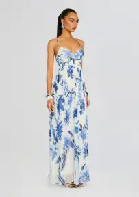 Gabi Pleated Maxi Dress(White Blue,XXS)