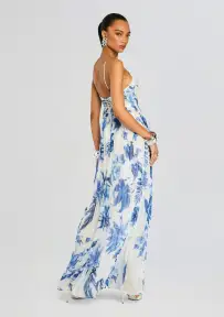 Gabi Pleated Maxi Dress(White Blue,XXS)