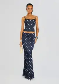 Darla Silk Skirt(Navy Polka Dots,XXS)