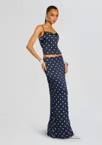 Darla Silk Skirt(Navy Polka Dots,XXS)