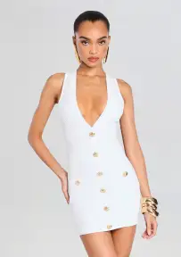 Ellison Rib Knit Dress(White/Gold,XXS)