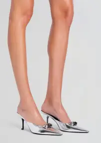 Francesca Leather Kitten Mule(Shiny Silver,35)