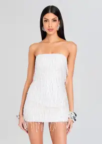 Heather Sequin Star Fringe Dress(White w/ Stars,XXS)