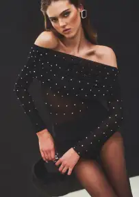 Oriana Embellished Mesh Top(Black/Silver,XXS)