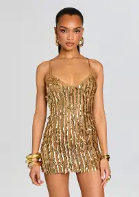 Saros Feather Sequin Crochet Dress(Gold,XS/S)