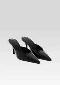 Francesca Leather Kitten Mule(Black Croco,35)