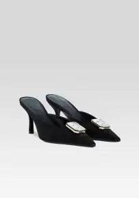 Francesca Satin Kitten Mule(Black with Crystal,35)
