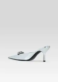 Francesca Leather Kitten Mule(Shiny Silver,35)