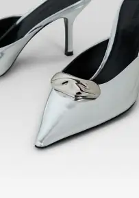 Francesca Leather Kitten Mule(Shiny Silver,35)