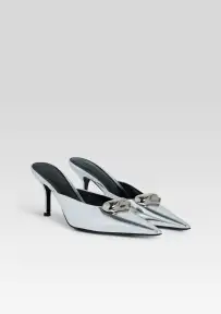 Francesca Leather Kitten Mule(Shiny Silver,35)