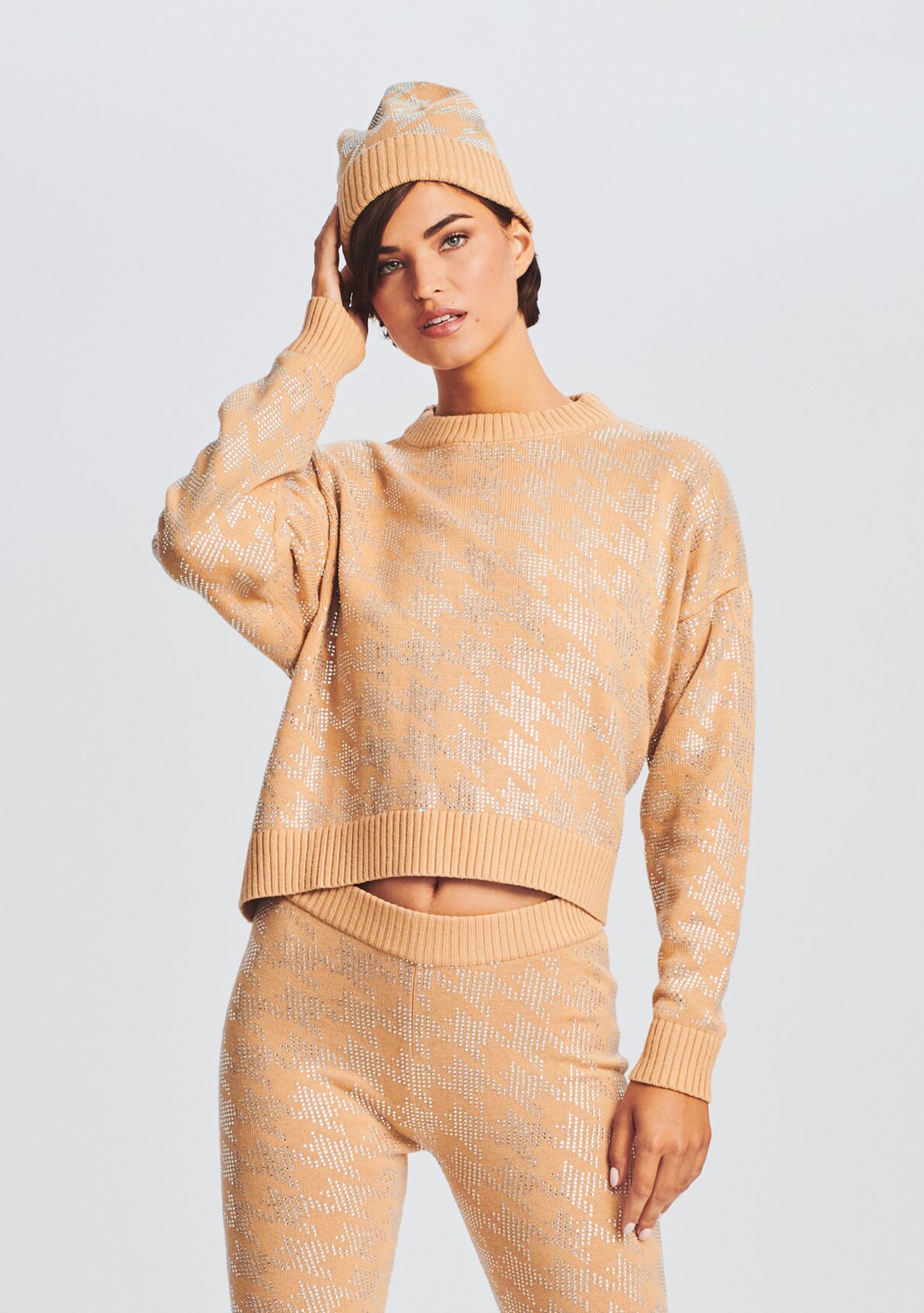 Delilah Beanie - Caramel/Silver Houndstooth