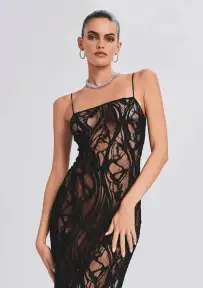 Winnie Embellished Lace Dress(Black,XXS)