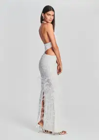 Katerina Sequin Feather Dress(White,XXS)