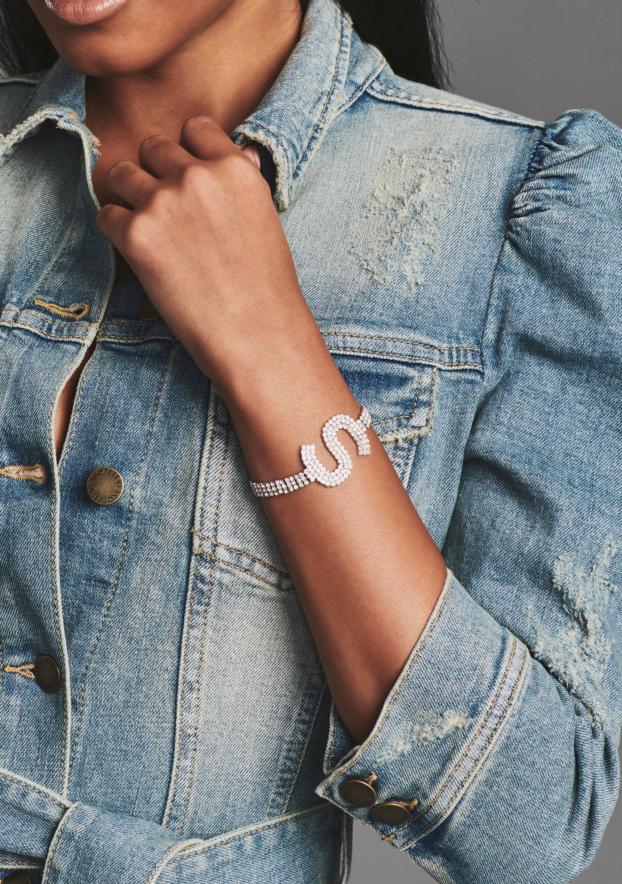 Rhinestone Alphabet Letter Bracelet(Silver,Letter A)