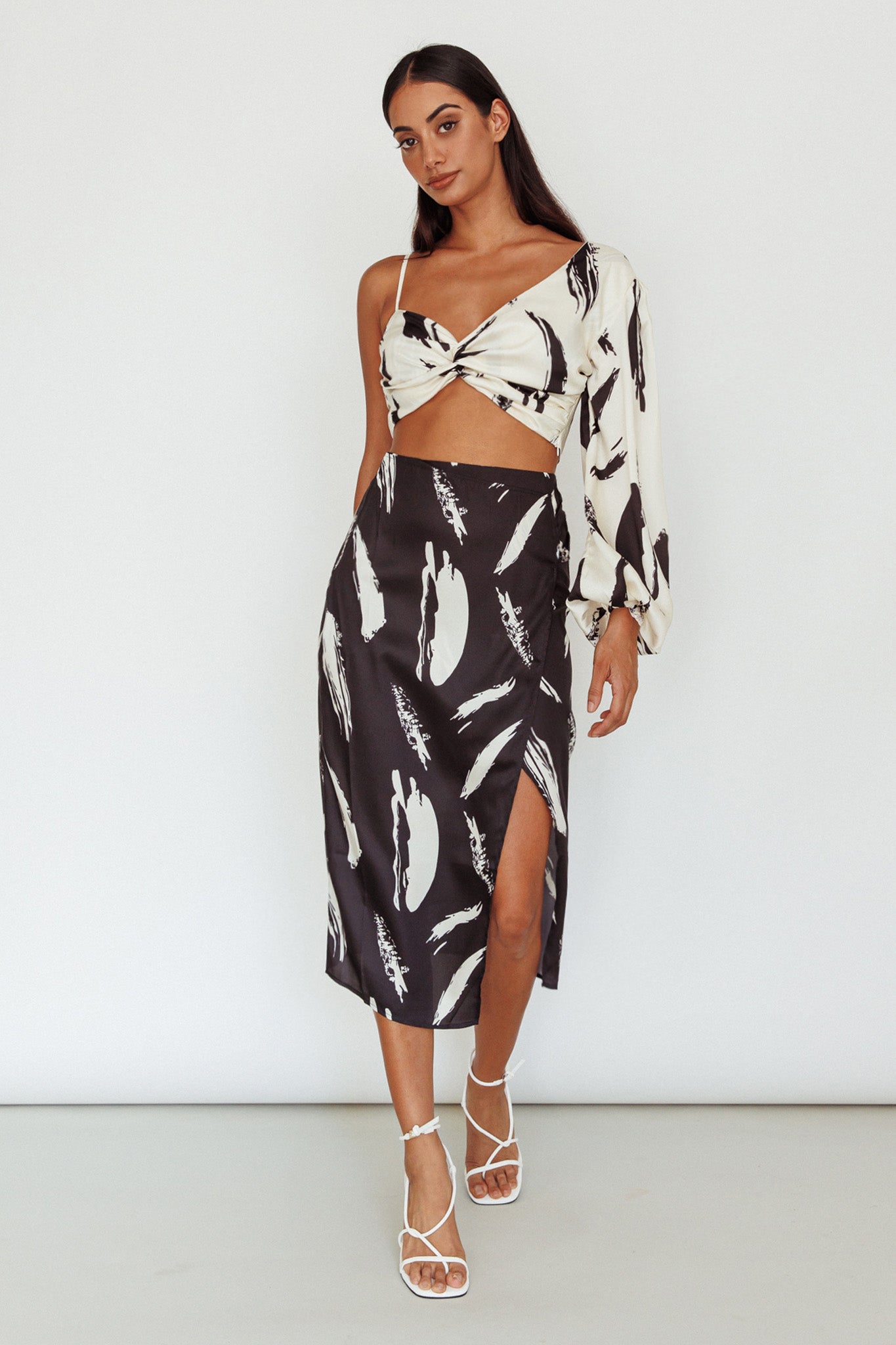 Amina Split Midi Skirt Printed Black(XS)