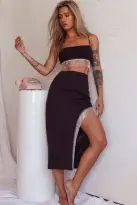 Attention Seeker Diamante Trim Midi Skirt Black(XS)