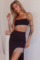 Attention Seeker Diamante Trim Midi Skirt Black(XS)