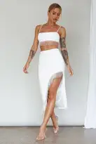 Attention Seeker Diamante Trim Midi Skirt Off White(XS)