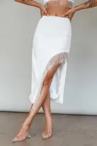 Attention Seeker Diamante Trim Midi Skirt Off White(XS)