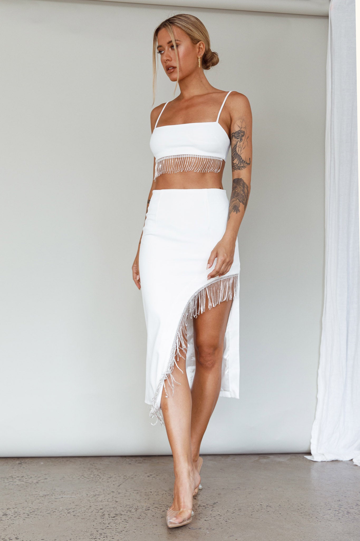 Attention Seeker Diamante Trim Midi Skirt Off White(XS)