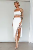 Attention Seeker Diamante Trim Midi Skirt Off White(XS)