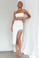 Attention Seeker Diamante Trim Midi Skirt Off White(XS)