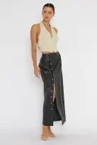 Angelica Button-Up Faux Leather Midi Skirt Black(XS)