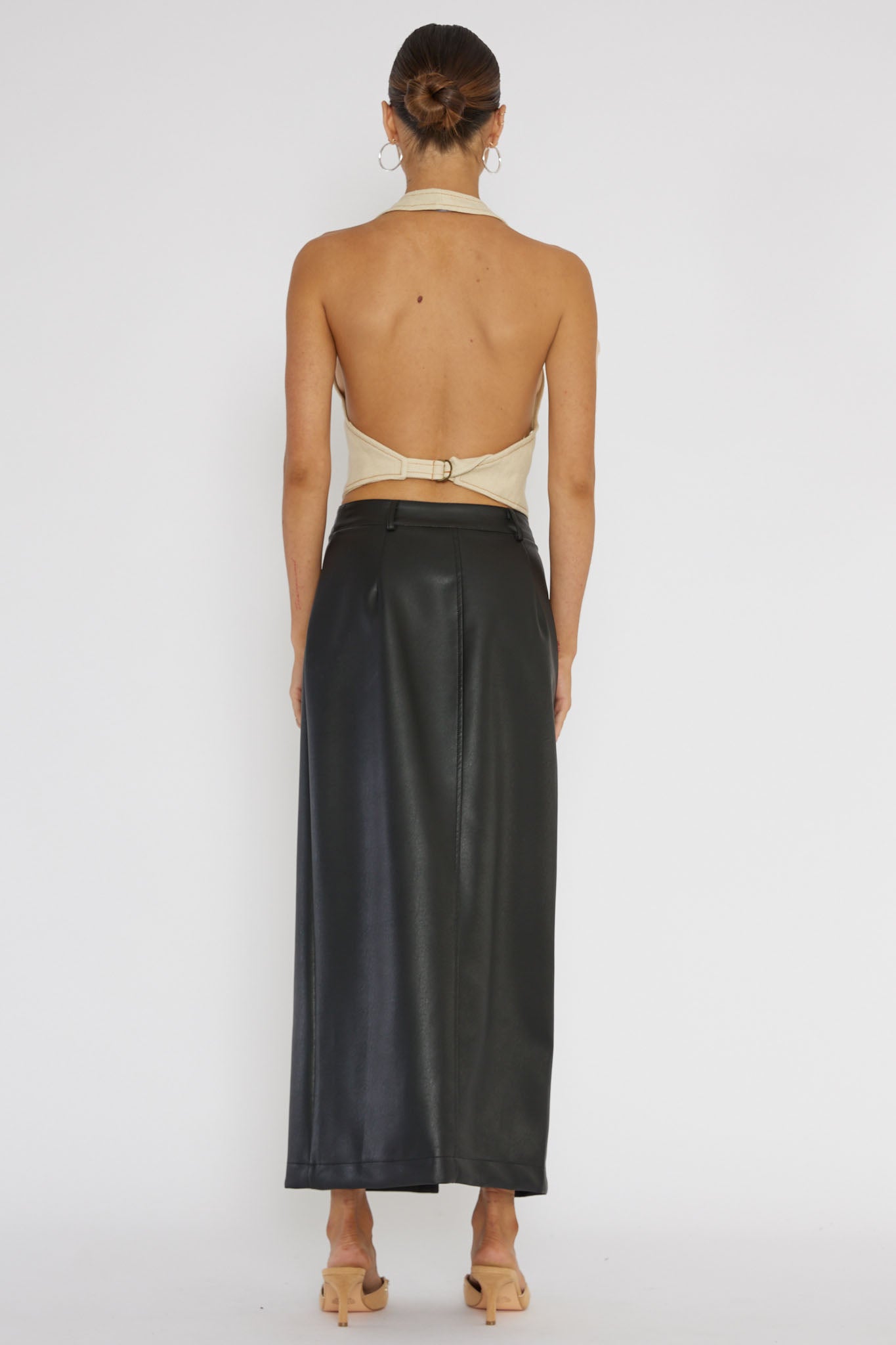 Angelica Button-Up Faux Leather Midi Skirt Black(XS)