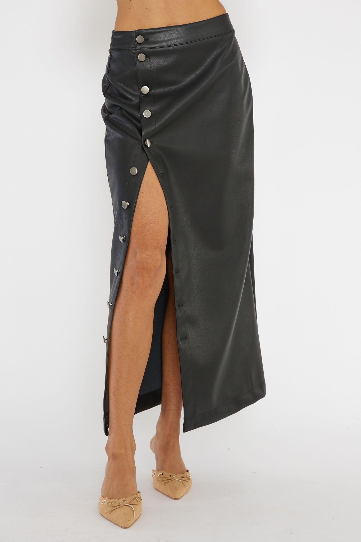 Angelica Button-Up Faux Leather Midi Skirt Black(XS)